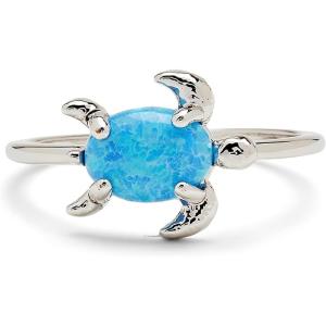 Pura Vida Rose Gold or Silver-Plated Opal Sea Turtle Ring w/White or Blue Stone – Brass Base, Stylish Design – Size 5-9(Silver)