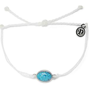 Pura Vida Silver or Rose Gold-Plated Opal Bracelet w/Blue or White Stone – Adjustable Band, Brand Charm(Silver / White)