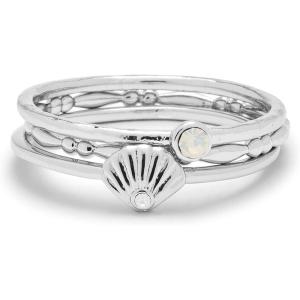 Pura Vida Silver-Plated Opal Shell Ring Stack – Brass Base, Stylish Design – Set of 3, Sizes 5-9