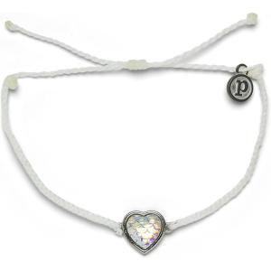 Pura Vida Silver or Rose Gold Iridescent Mermaid Heart Bracelet – 100% Waterproof, Adjustable Band, Brand Charm(Silver / White)