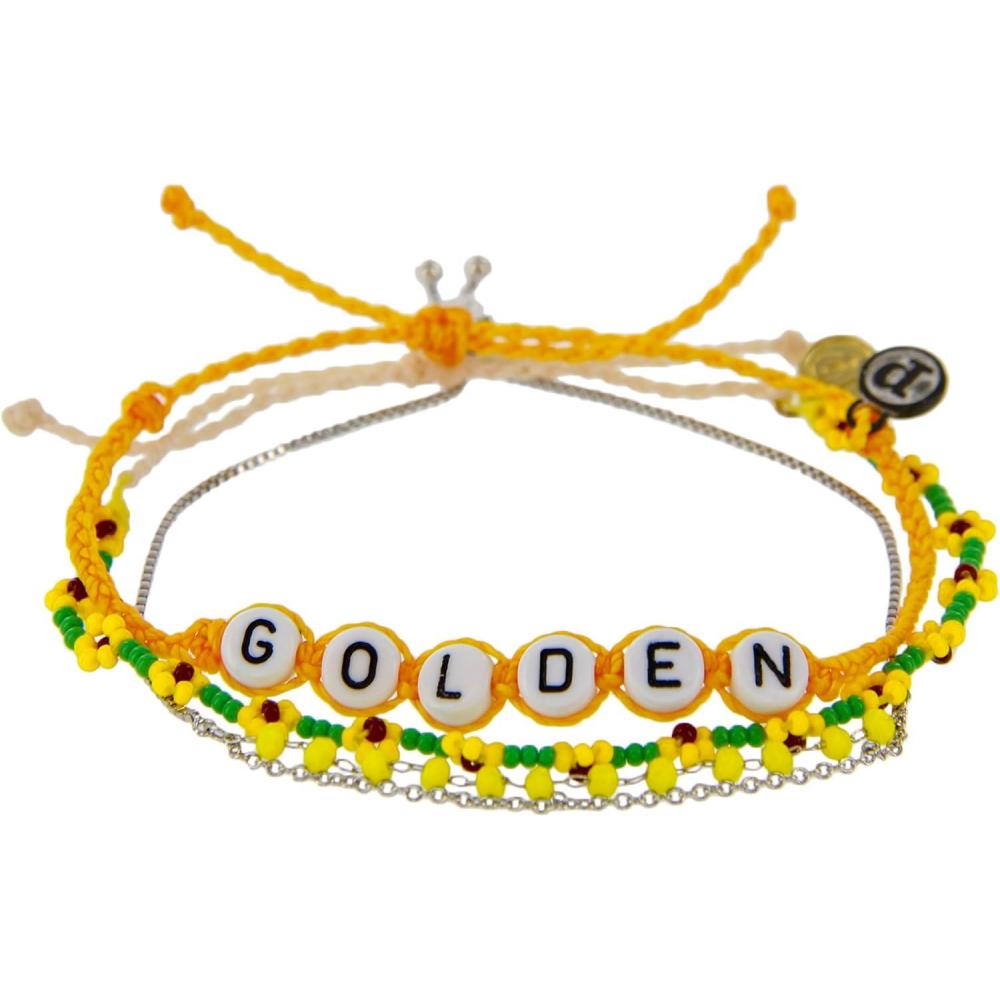 imagePura Vida Bracelets Pack Golden Flower Rosary Bracelet Stack  Set of 3 Stackable Bracelets for Women Summer Accessories amp Cute Bracelets  2 String Bracelets amp 1 Chain Bracelet