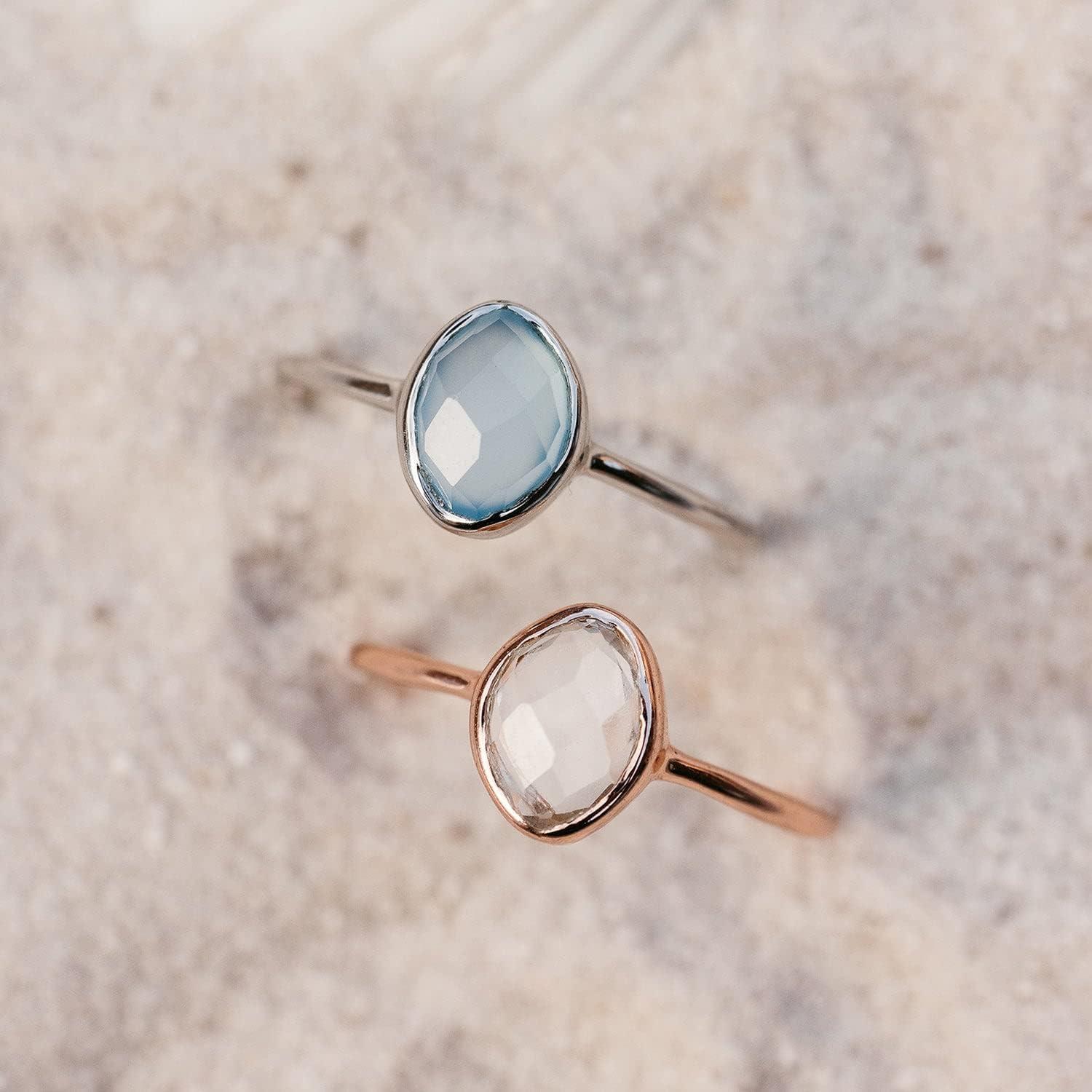 imagePura Vida Rose Gold Organic Stone Ring Handmade With Clear Quartz Brass Base Rings for Women Cute Boho Jewelry Size 59