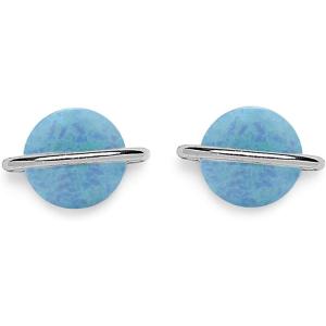 Pura Vida Silver/Rose Gold Opal Saturn Earrings – Blue/White Synthetic Stone, Sterling Silver Posts – 1 Pair
