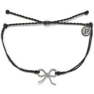 Pura Vida Silver or Rose Gold-Plated Bow Charm Bracelet – 100% Waterproof, Adjustable Band, Brand Charm(Silver / Black)
