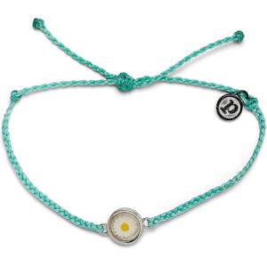 Pura Vida Silver or Rose Gold-Plated Meadow Daisy Bracelet – Adjustable Band, Coated Brand Charm(Silver / Seafoam)