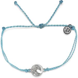 Pura Vida Silver or Rose Gold-Plated Swell Waves Bracelet – Adjustable Band, Coated Brand Charm(Silver / Crystal Blue)