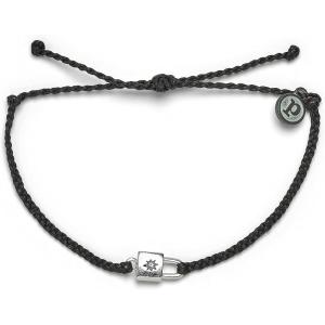 Pura Vida Silver-Plated Lock Charm Bracelet w/Rhinestone – Adjustable Band, Brand Charm – Black