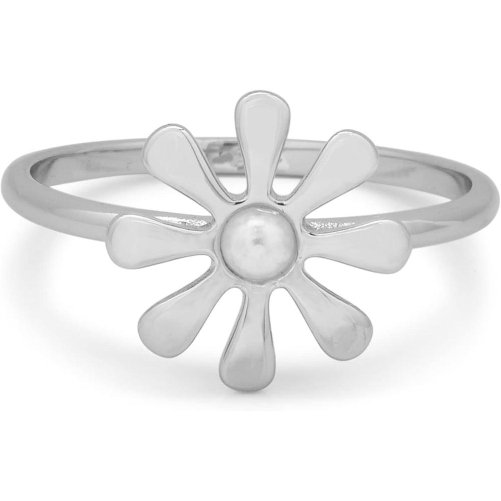 imagePura Vida Rose Gold or Silver Plated Flower Power Ring wPlastic Pearl  Brass Base Stackable Band  Size 59Silver